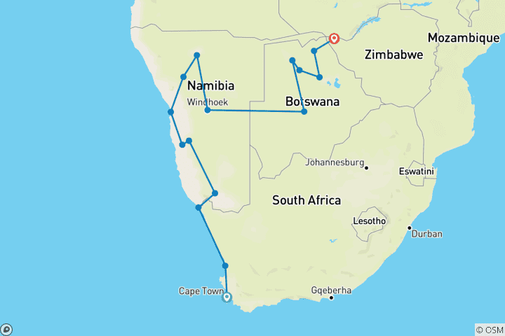 Map of Amazing Southern Africa (from Cape Town to Victoria Falls)