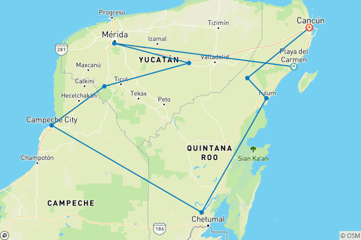 Map of Yucatan Peninsula Adventure (from Playa del Carmen to Cancun)