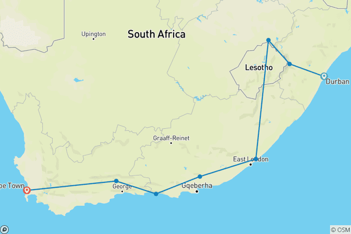 Map of Garden Route Adventure (from Durban to Cape Town)