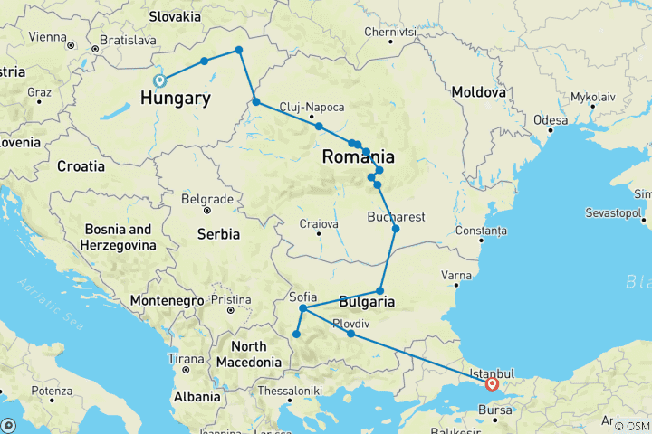 Carte du circuit Aventure de Budapest à Istanbul