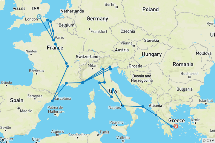 Kaart van Londen naar Athene (Standaard, start Parijs) (26 bestemmingen)