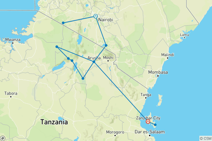 Map of Kenya & Tanzania: Maasai Mara, Serengeti & Zanzibar Highlights (13 destinations)