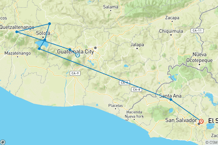 Carte du circuit Guatemala et au- delà (from Antigua to San Salvador)
