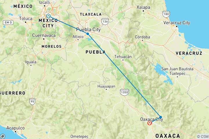 Map of Mexico City to Oaxaca with Zapotec Village Hiking