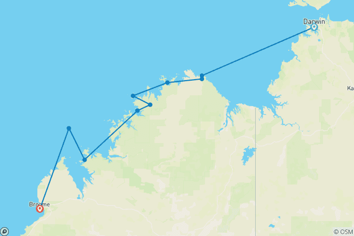 Map of Kimberley Coastal Expedition Darwin → Broome (2027)