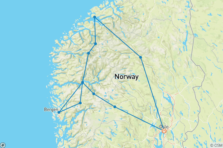 Carte du circuit Points forts des Fjords norvégiens, charme et traditions 8 jours