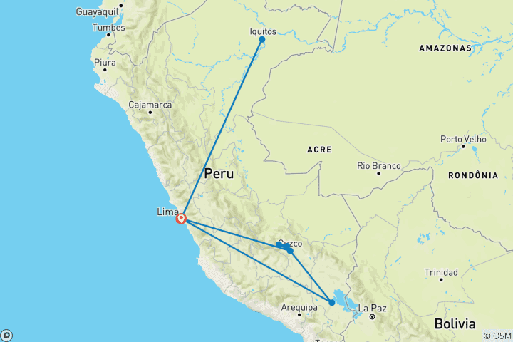 Karte von Peru Rundreise - 16 Tage Anden & Amazonas