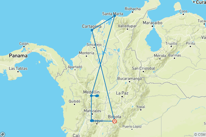 Carte du circuit Colombie - Diversité entre les Andes et les Caraïbes (14 jours)