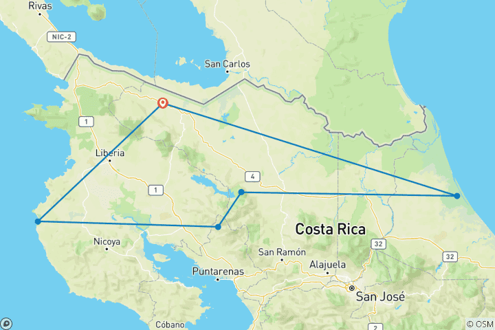 Carte du circuit Voyage dans la nature : De Tortuguero aux rives du Pacifique avec Guanacaste