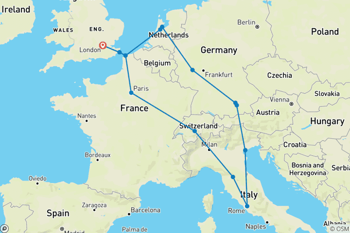 Carte du circuit Découverte de l'Europe (Standard (à partir du 27 avril), Départ Paris, Gap 18-22 (à partir du 27 avril))