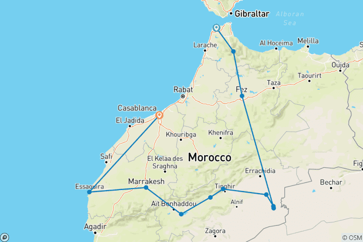Carte du circuit Circuit privé de 12 jours au Maroc de Tanger à Casablanca-Chefchaouen, Fès, en passant par le désert du Sahara