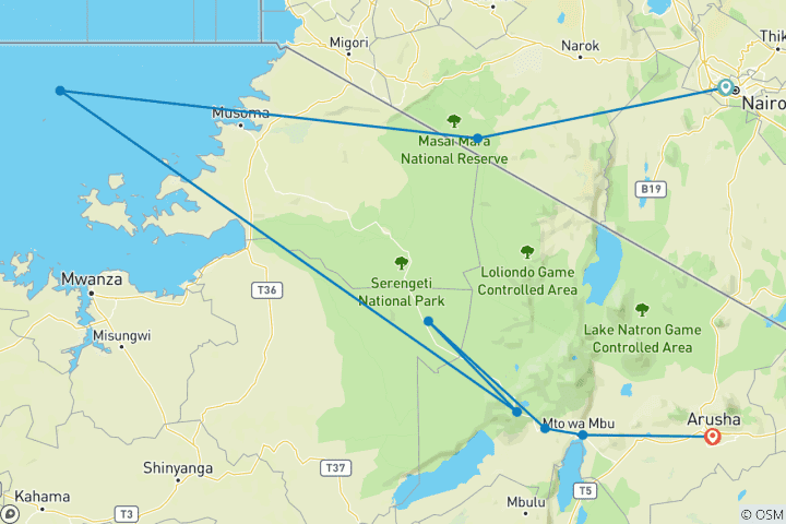 Carte du circuit Essentiel Afrique de l'Est (8 destinations)