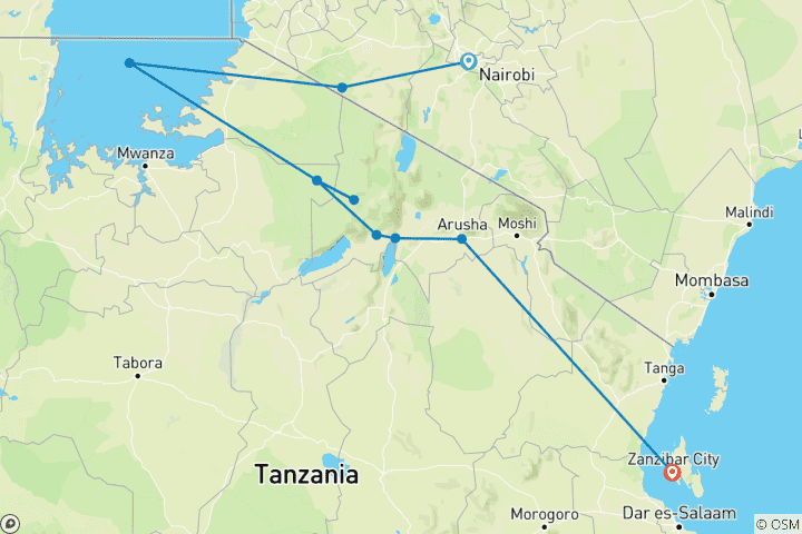 Carte du circuit Afrique de l'Est réelle et; Zanzibar (10 destinations)