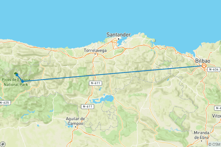 Map of Leisurely Hiking Vacation in the Picos de Europa National Park 8 Days