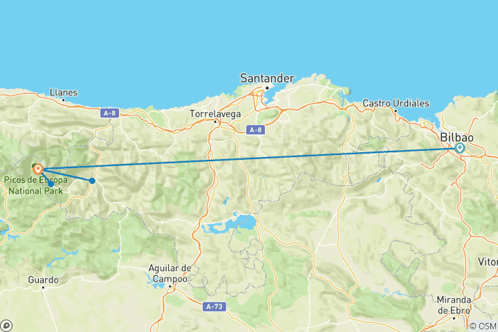 Mapa de Vacaciones deportivas de senderismo en el Parque Nacional de los Picos de Europa (8 días)