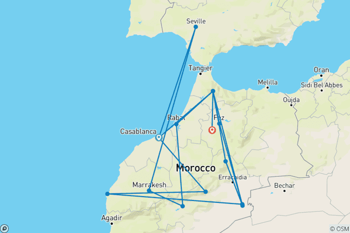 Mapa de Viaje en grupo reducido Premium de 15 días al Marruecos Mágico