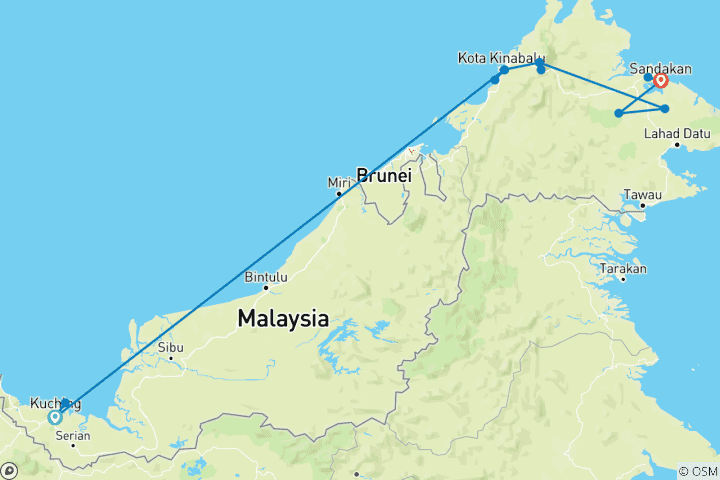Carte du circuit 11 jours de découverte de Bornéo et du Sarawak
