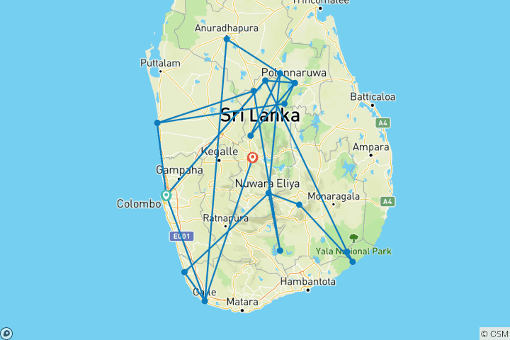 Carte du circuit 14 jours - Circuit de luxe en petit groupe au Sri Lanka