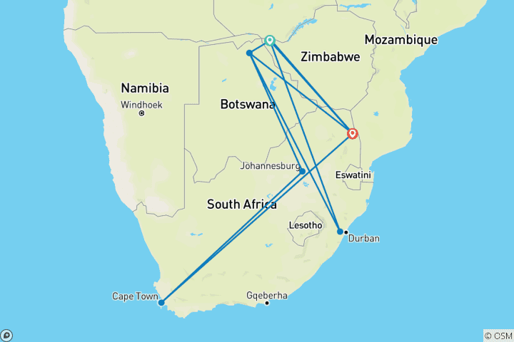 Carte du circuit Circuit en petit groupe de 13 jours au Cap, dans la région de Kruger et aux chutes Victoria