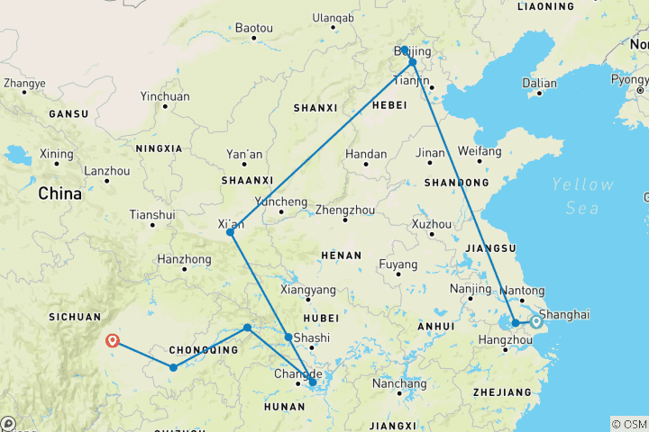 Carte du circuit 15 jours de découverte de la Chine avec le fleuve Yangtze et Chengdu