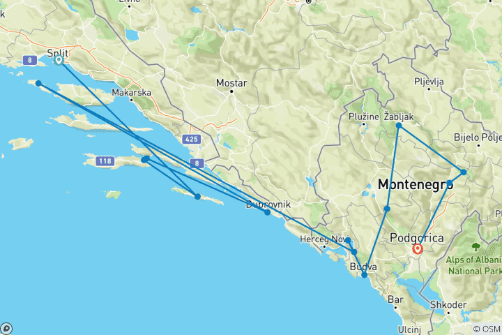 Carte du circuit Aventure Adriatique : Découvrez la Croatie et le Monténégro à la voile