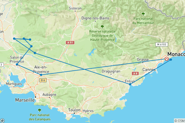 Carte du circuit Jardins et marchés secrets du sud de la France : visite en petit groupe réservée aux femmes