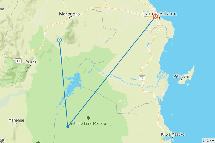 Map of 5-Day Selous, Mikumi & Boat Safari Adventure