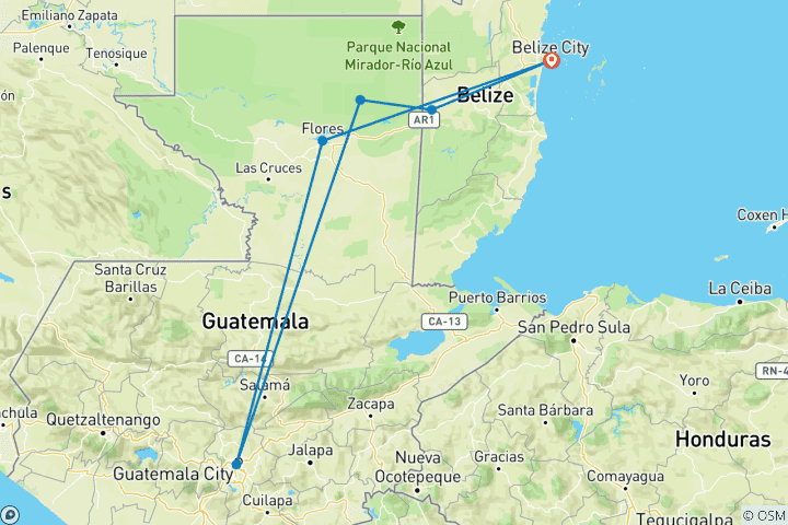 Carte du circuit Court séjour à Tikal Guatemala et Belize