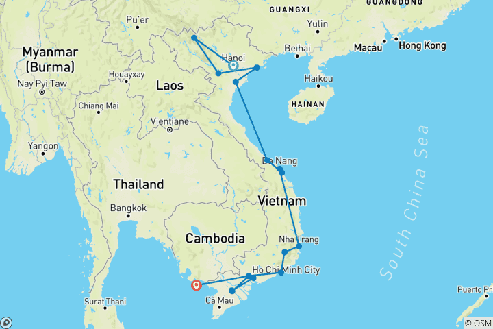 Carte du circuit 30 jours - Voyage au Vietnam (de Hanoi à Ho Chi Minh Ville)