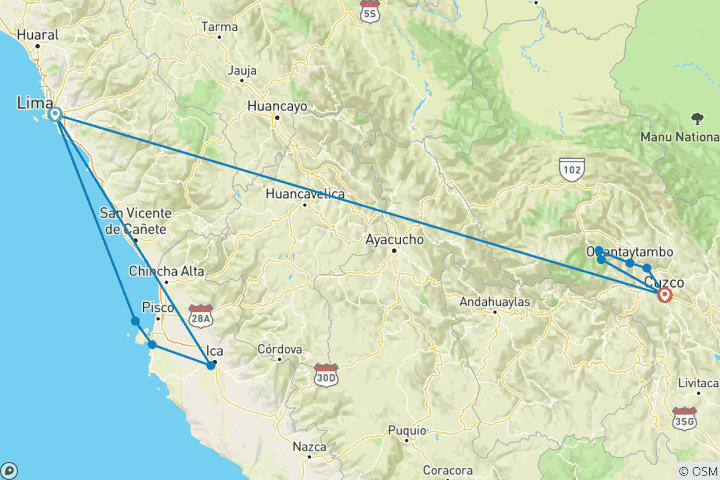 Carte du circuit Tout compris - Explorer le Pérou - Lima - Paracas - Cusco - 8 jours