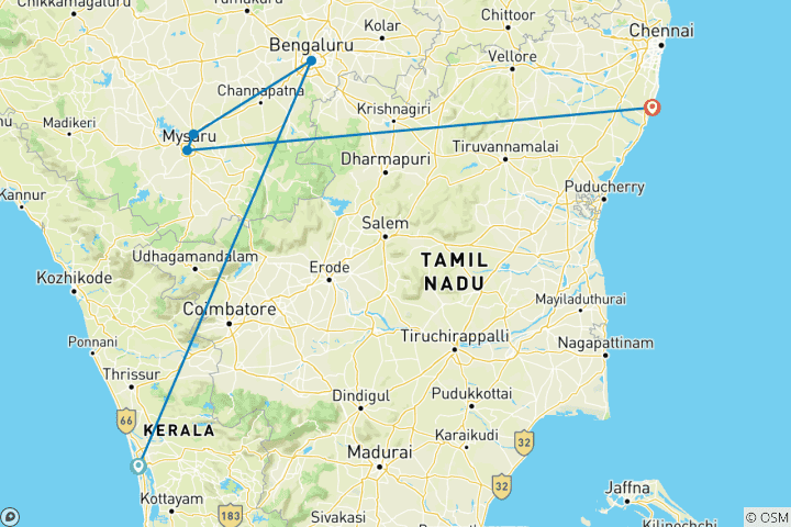 Karte von Südindien: West- bis Ostküste