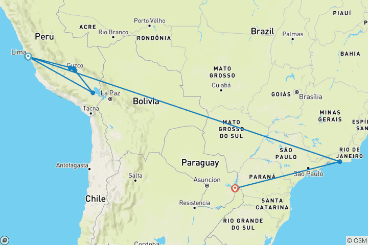 Karte von Peru & Brasilien Rundreise - 17 Tage Weltwunder Südamerikas