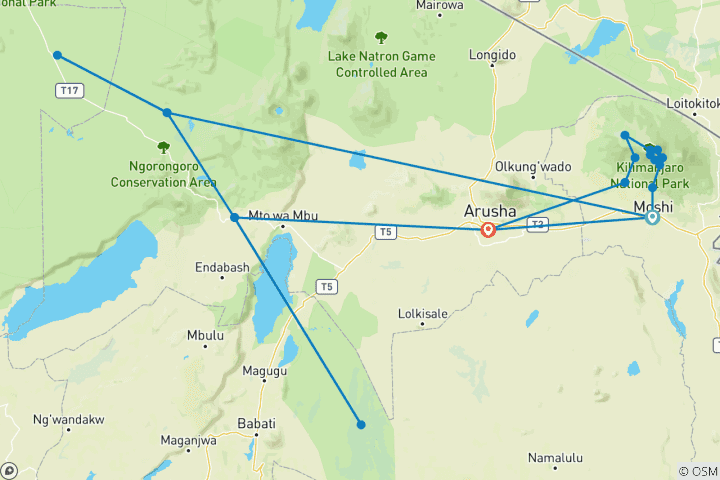 Carte du circuit 11 jours de randonnée sur la route Machame du Kilimandjaro et de safari dans le nord de la Tanzanie