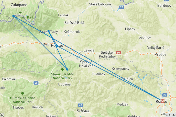 Map of Winter hiking in Slovakia and Poland (small group minimum 2 people & maximum 8 people)
