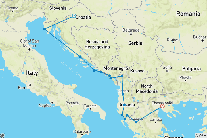Kaart van Beste Kroatië, Montenegro, Albanië en Noord-Griekenland in 20 dagen