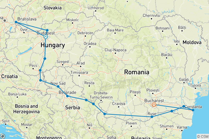 Carte du circuit Découverte du Bas-Danube 2027 - 16 jours (from Budapest to Bucarest)