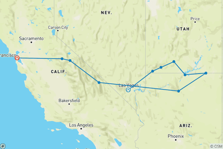 Carte du circuit Randonnée dans les parcs nationaux de l'Ouest (au départ de Las Vegas) (11 destinations)