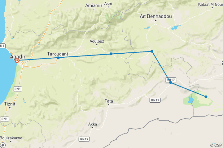 Map of 3-Days Desert Tour From Agadir To Erg Chegaga