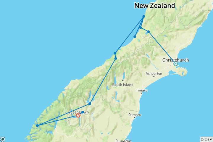 Mapa de Premium Nueva Zelanda isla sur (30 destinations)