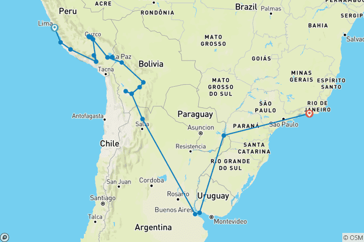 Map of South America Highlights (from Lima to Rio de Janeiro)