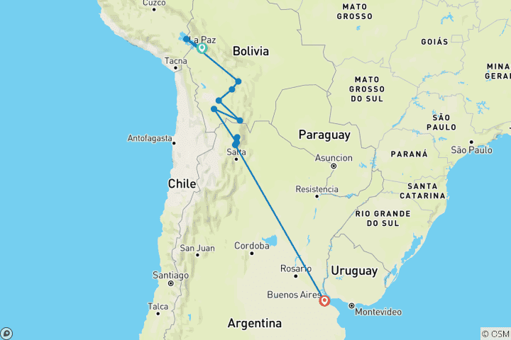 Carte du circuit Le meilleur de la Bolivie et de l'Argentine (from La Paz to Buenos Aires)