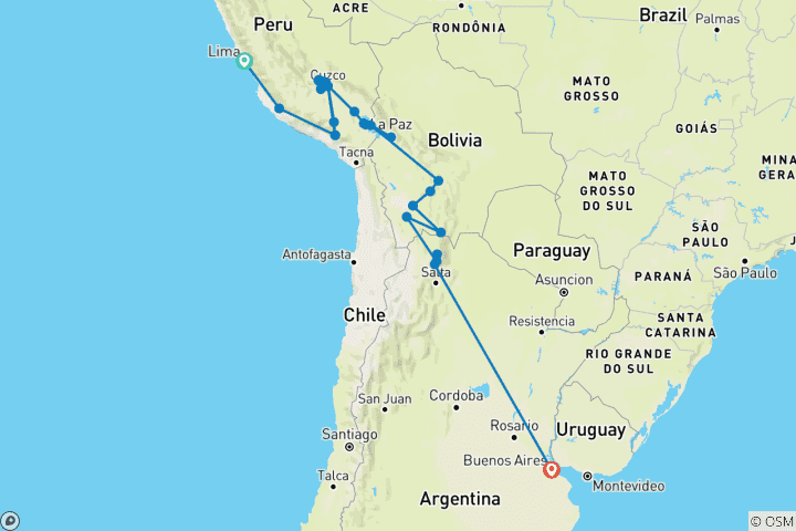 Carte du circuit Aventure au Pérou, en Bolivie et en Argentine (from Lima to Buenos Aires)