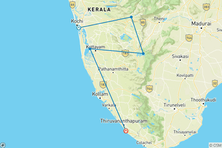 Carte du circuit L'Inde du Sud classique (from Kochi (Cochin) to Kovalam)