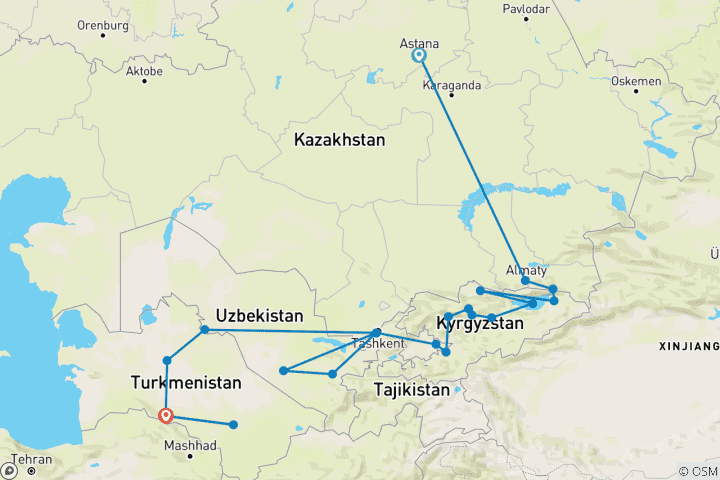 Kaart van Avontuur in Centraal-Azië: Astana naar Ashgabat