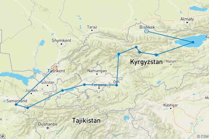 Carte du circuit Exploration de l'Asie centrale (from Bishkek to Tachkent)