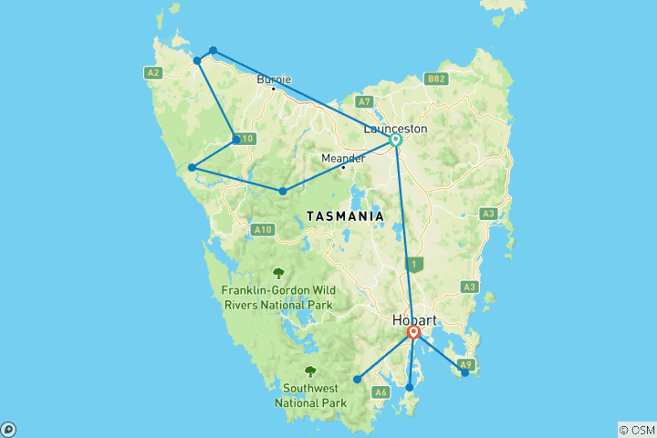 Map of Best of Tasmania (from Launceston to Hobart)