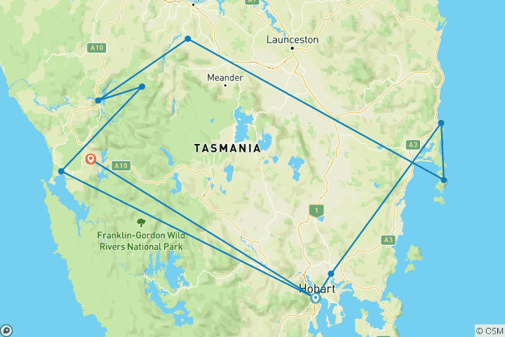 Carte du circuit Aventure en Tasmanie (from Hobart to Queenstown)
