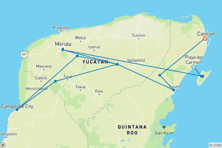 Map of Yucatan Peninsula Adventure (from Playa del Carmen to Cancun)
