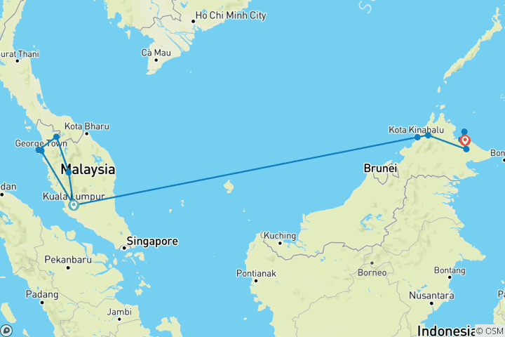 Map of Malaysia's Ultimate Adventure (from Kuala Lumpur to Sandakan)