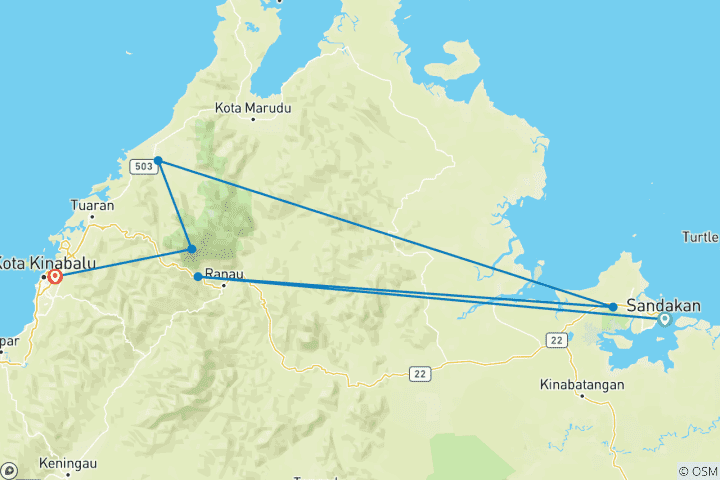 Map of Real Borneo (from Sandakan to Kota Kinabalu)
